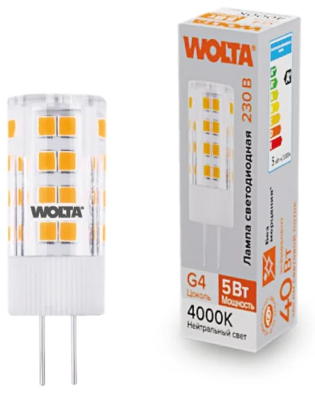 Лампа светодиодная WOLTA WSTD-JC-220V5W4KG4-C (керамика) "Капсульная" JC 5Вт 460лм 4000K G4 1/10/100