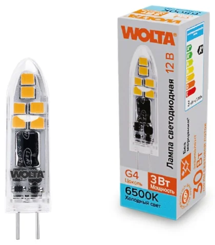 Лампа светодиодная WOLTA WSTD-JC-12V3W6KG4-P (пластик) "Капсульная" JC 3Вт 240лм 6500K G4 1/10/100/1