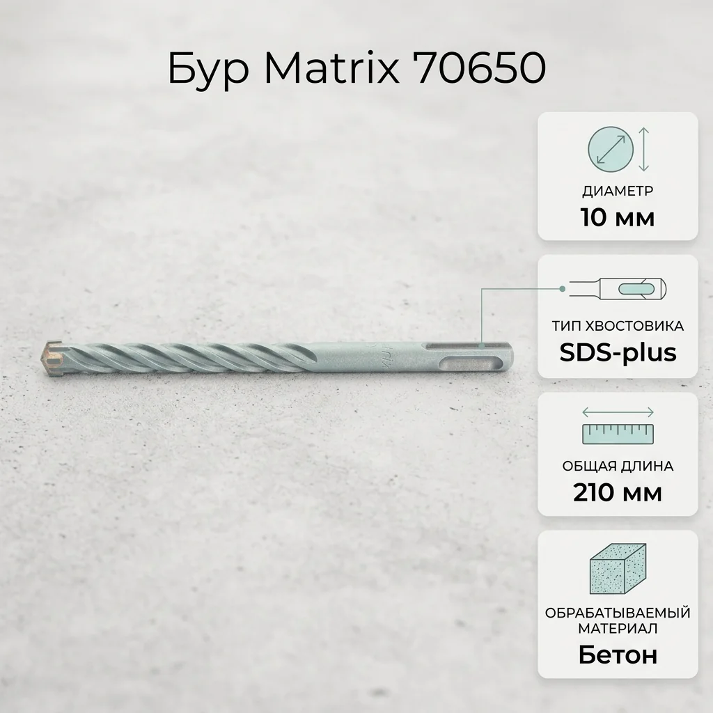 Бур по бетону, 10 x 210 мм, SDS PLUS c крестовой пластиной// Matrix