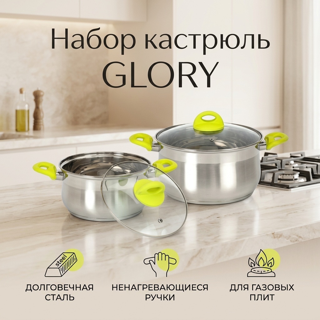 Набор кастрюль с крышкой GLORY 4 предмета 3,5 л, 6 л