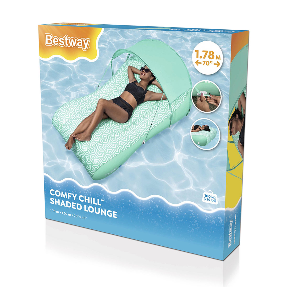 Шезлонг для отдыха на воде BESTWAY Comfy Chill 178x102 см съемный тент до 100 кг 43729