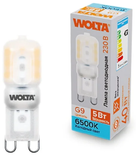 Лампа светодиодная WOLTA WSTD-JCD-5W6KG9-P (пластик) "Капсульная" JCD 5Вт 400лм 6500K G9 матовая  1/