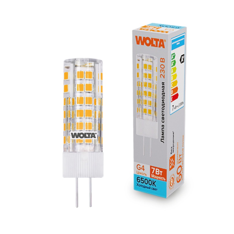 Лампа светодиодная WOLTA WSTD-JC-220V7W6KG4-C (керамика) "Капсульная" JC 7Вт 600лм 6500K G4 1/10/100