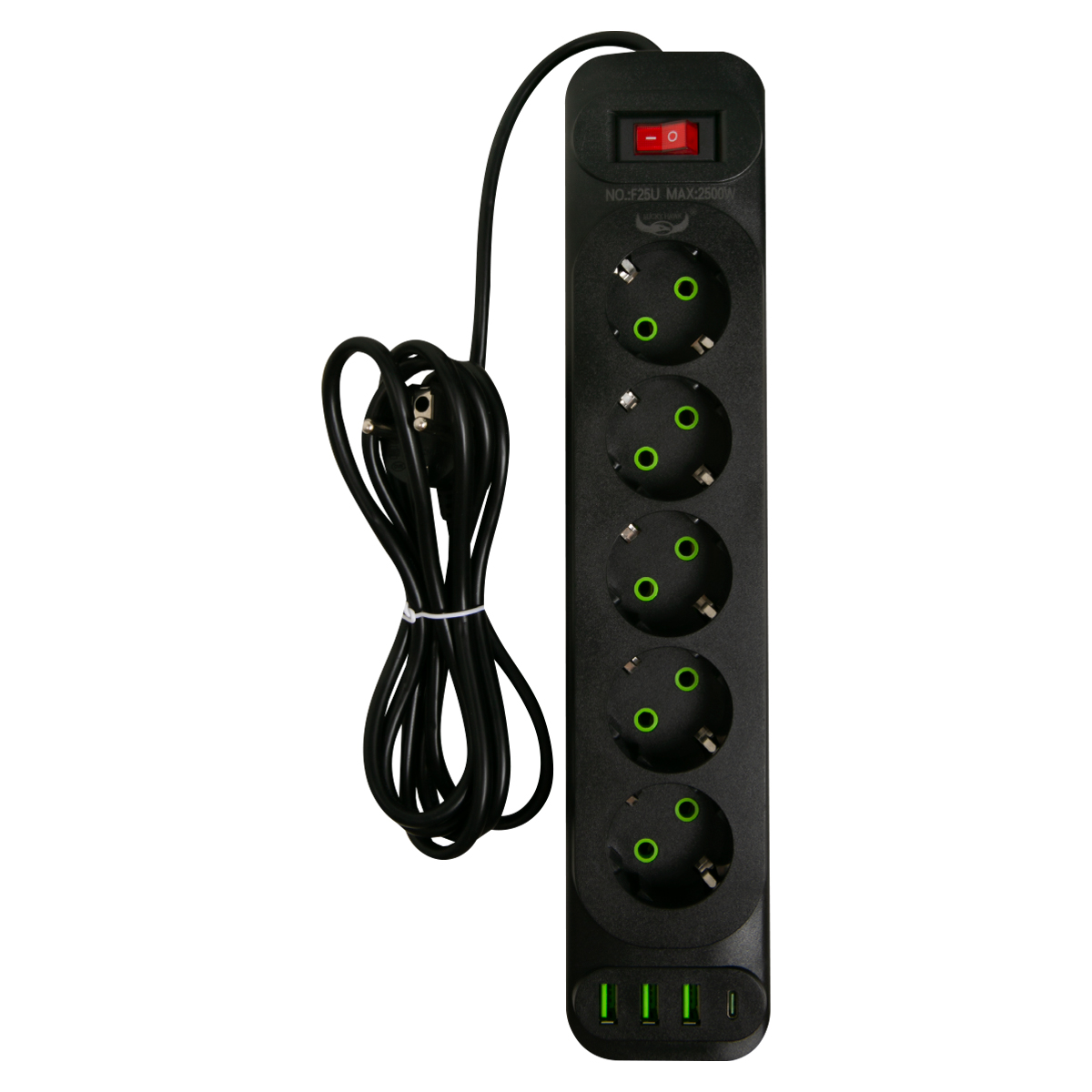 Удлинитель сетевой 2 м F25U 5 розеток,  3 usb разъема(черный)