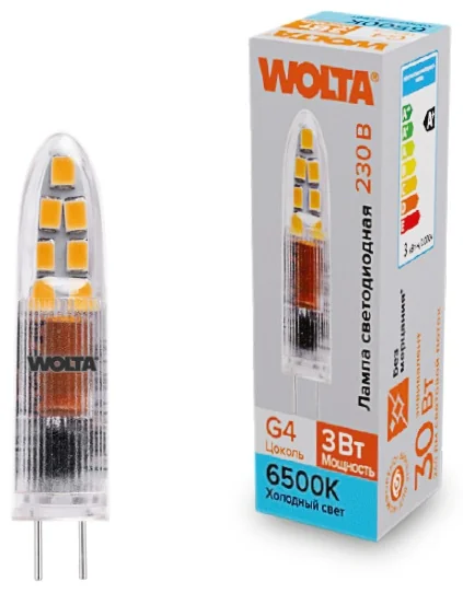 Лампа светодиодная WOLTA WSTD-JC-220V3W6KG4-P (пластик)  "Капсульная" JC 3Вт 240лм 6500K G4 1/10/100