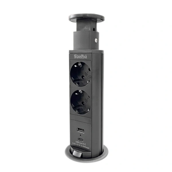 Блок розеточный, выдвижной, настольный на 2 розетки 200B, 1 USB, 1 Type-C, чёрный