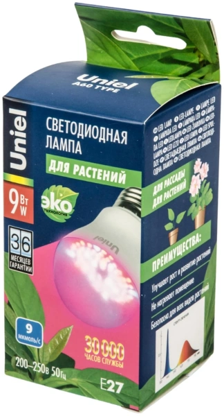 Лампа светодиодная для растений. Форма "A", прозрачная колба Uniel