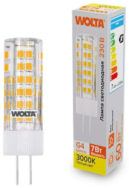 Лампа светодиодная WOLTA WSTD-JC-220V7W3KG4-C (керамика) "Капсульная" JC 7Вт 600лм 3000K G4 1/10/100