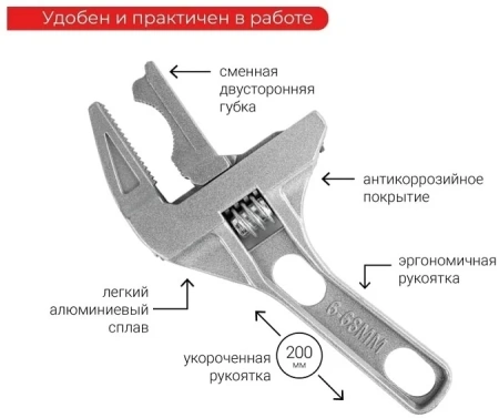 Ключ разводной сантехнический 6-68мм с укороченной ручкой VIRA
