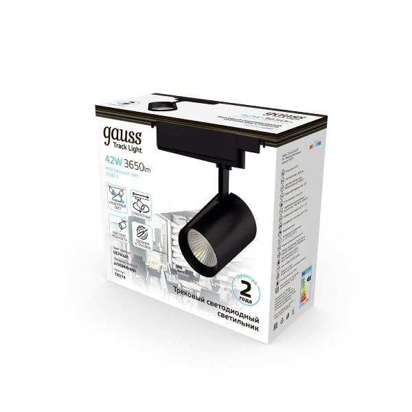 Св-к Gauss LED трековый цилиндр 42W 3650lm 4000K 90*240mm 180-220V IP20 черный угол 24° TR074