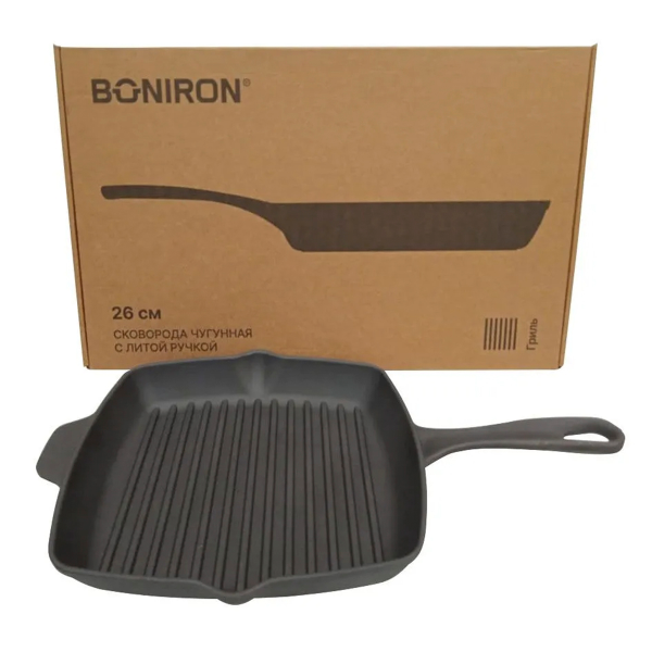 Сковорода-гриль чугунная BONIRON с литой ручкой 260*260-h45, ВГ26-01