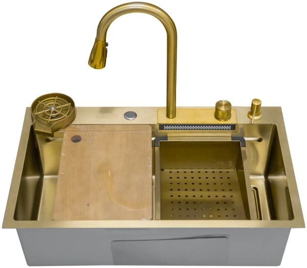 Мойка врезная 750х450х225 в комплекте смеситель водопад Q-LINE GOLD