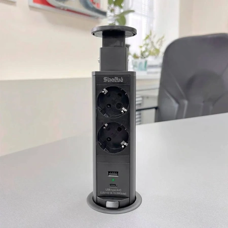 Блок розеточный, выдвижной, настольный на 2 розетки 200B, 1 USB, 1 Type-C, чёрный