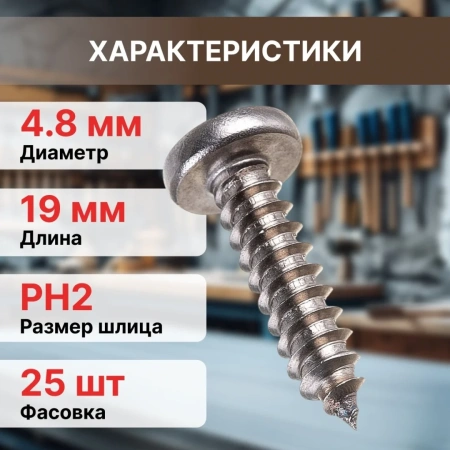 Саморез 4.8х19 мм полусф. головка, острый, нерж.сталь (А2), DIN 7981 (25 шт в зип-локе) STARFIX